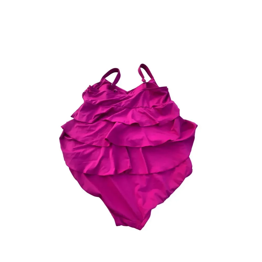Lands End One Piece Tiered Ruffle Swimsuit - Magenta - Size 18